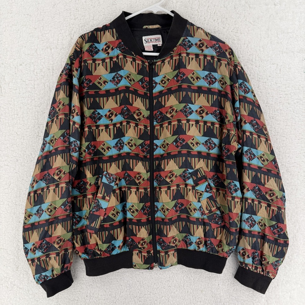 Vintage Silktime Jacket Mens Medium Multicolor Silk Southwestern‎ Bomber Tribal